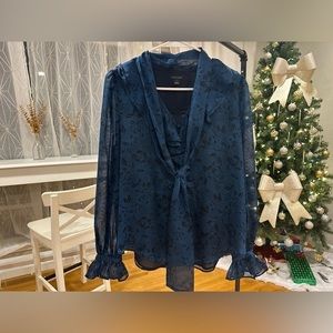 Ann Taylor Botanical Chic: Teal Floral Jacquard Blouse with Ruffle Details